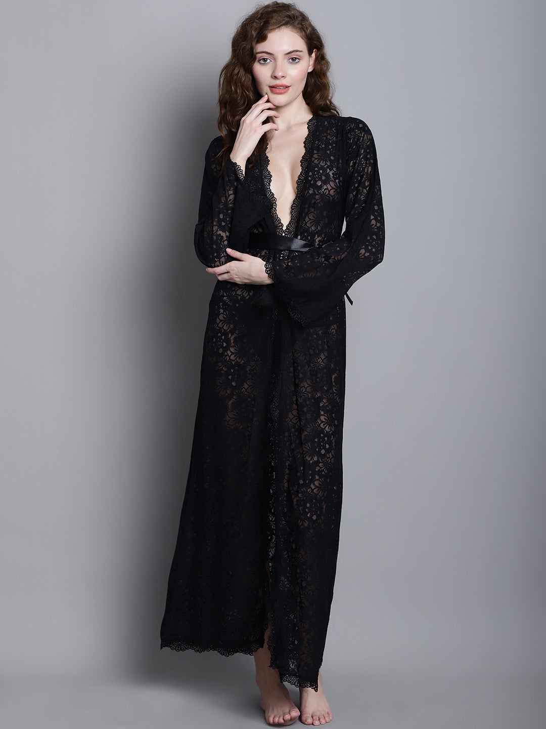 Overall Net With Lace Steamy Long Gown With Gloves- Black