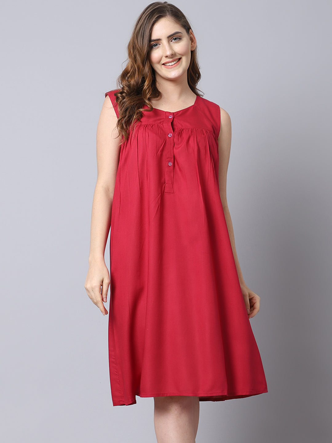 Solid Front Buttons Night Dress Red