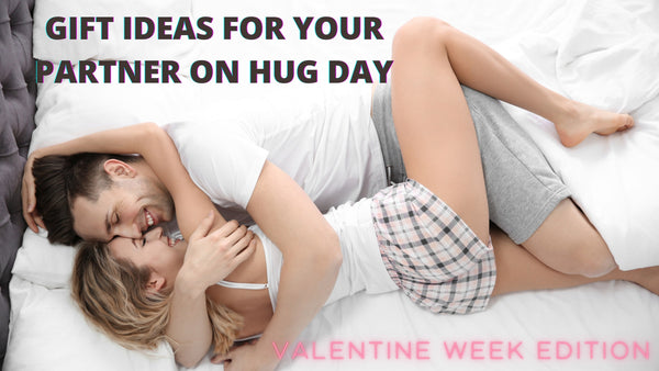 Romantic couple in bed, cuddling on hug day valentine week, matching nightwear pyjamas gift ideas