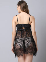 Risky-frisky nights Hamper Lace Above Knee Babydoll Dress- Black