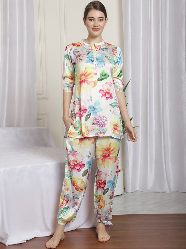 FLORAL PRINTED SATIN CO-ORD SET WITH TROUSERS