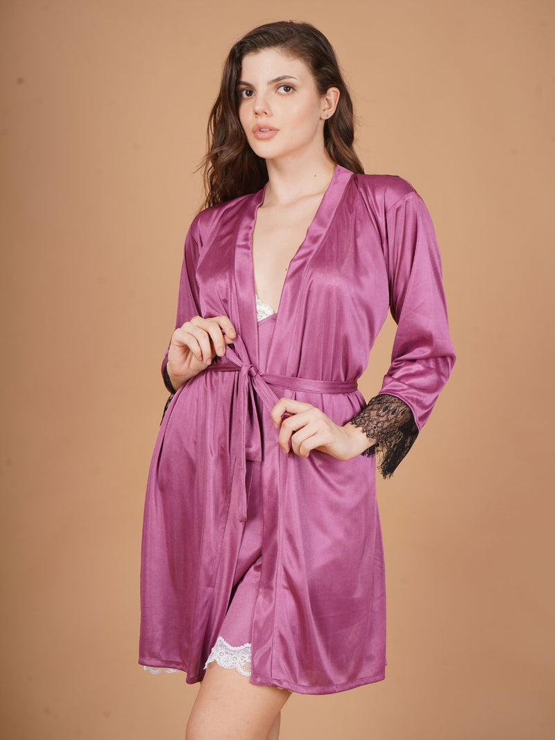 Back Lace Burgundy Satin Robe Robes for Women Shararat