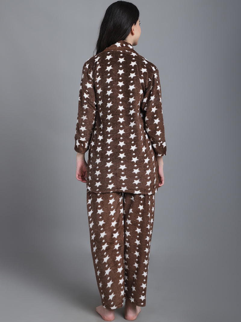 Cozy Star Print Winter Night Suit - Brown