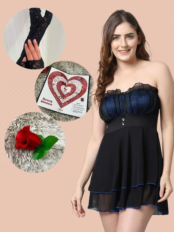 Risky-frisky nights  Exclusive Hamper - Black Blue Overall Lacy