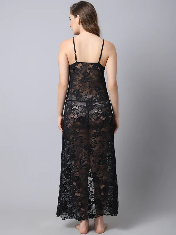 Love hamper Lace long babydoll gown- Black
