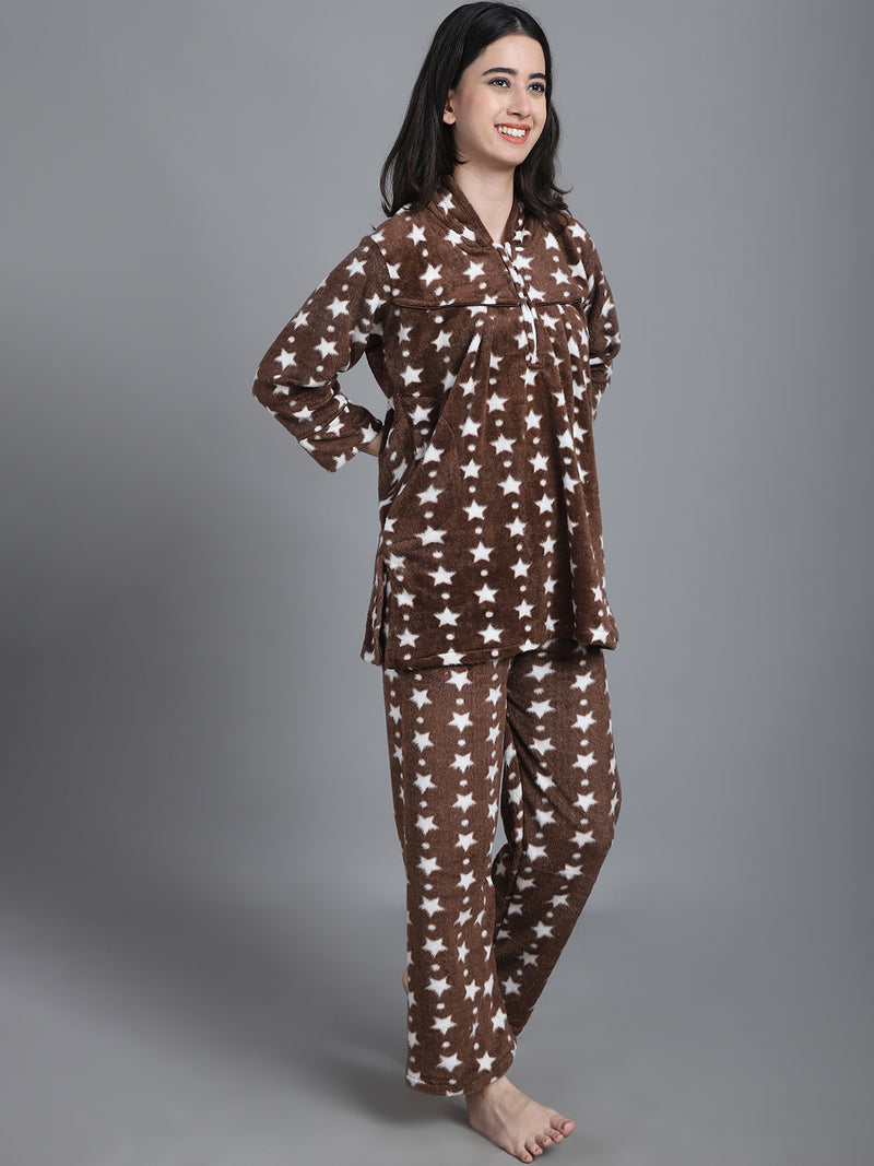Cozy Star Print Winter Night Suit - Brown