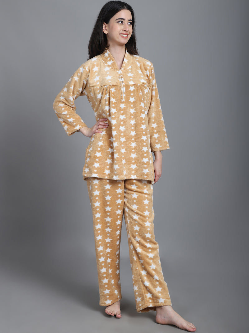 Cozy Star Print Winter Night Suit - Beige