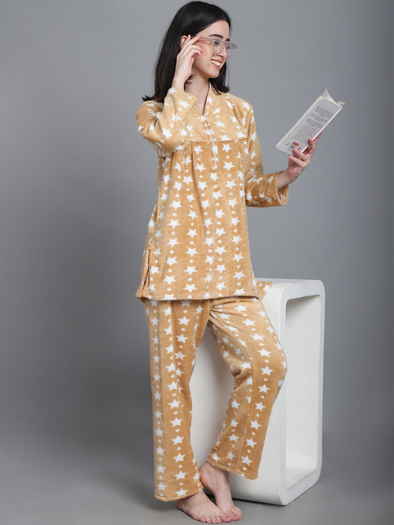 Cozy Star Print Winter Night Suit Beige