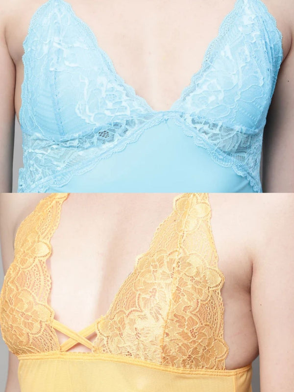 Women's Set Of 2 Yellow & Sky Blue Strap Net Baby Doll