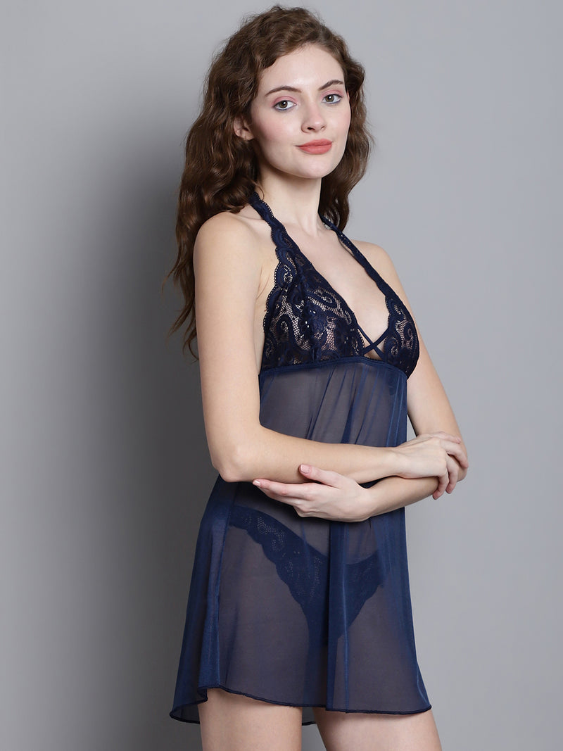 Women's Blue Solid Above Knee Lace Babydoll Dress/ Nightwear Lingerie