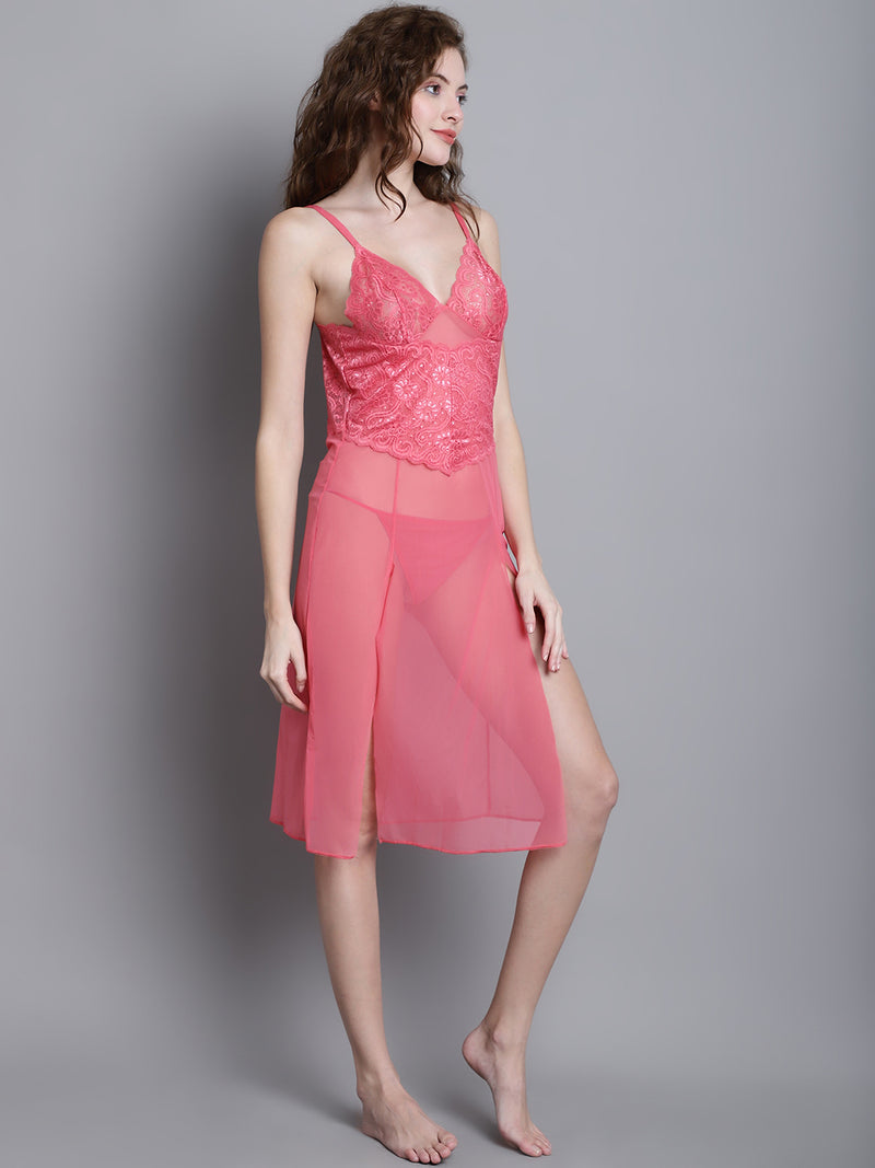 Women's Pink Knee length Lace Babydoll Dress/ Nightwear Lingerie
