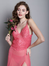 Women's Pink Knee length Lace Babydoll Dress/ Nightwear Lingerie