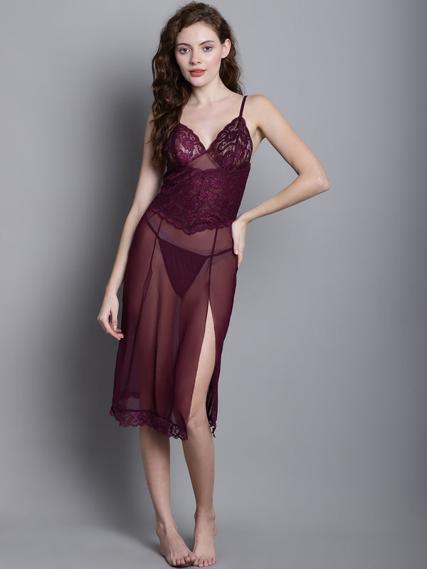 Women's Purple Knee length Lace Babydoll Dress/ Nightwear Lingerie