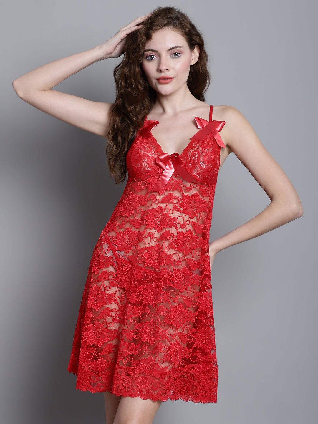 NewLadies Sexy Babydoll Lingerie Dress With Lace Patchwork, Bow Decoration, Neck Halter Tie Bow Tie