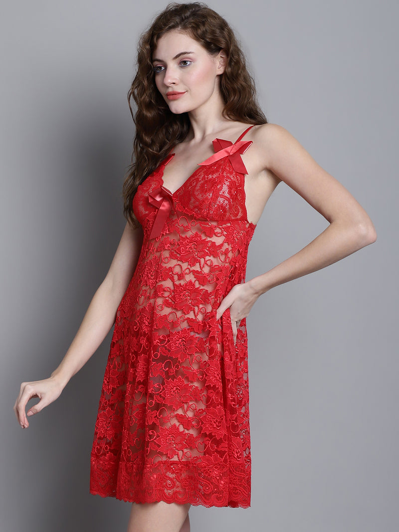 Babydoll Intricate Floral Lacy Dress - Red