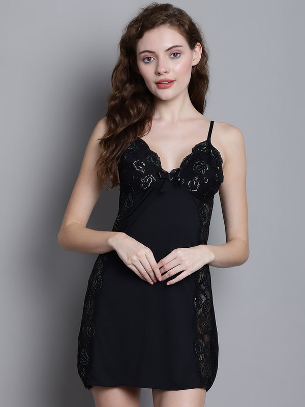 Babydoll Side Lacy Dress - Black