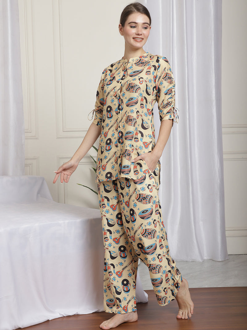 MANDARIAN COLLAR PRINTED MUSLIN CO-ORD SET WITH TROUSERS