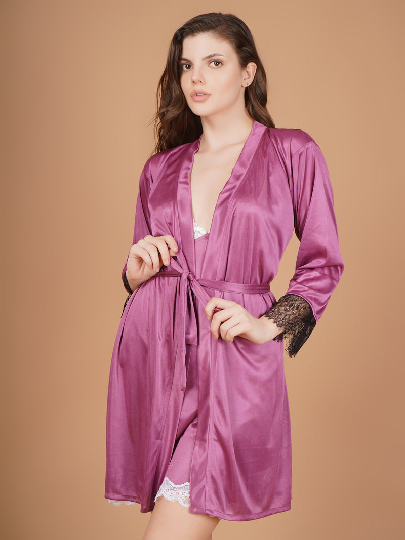 Lace Detailed Burgundy Satin Babydoll Nightdress for women