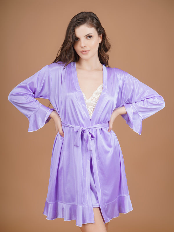 Lace Detailed Lavender Satin Babydoll and Robe