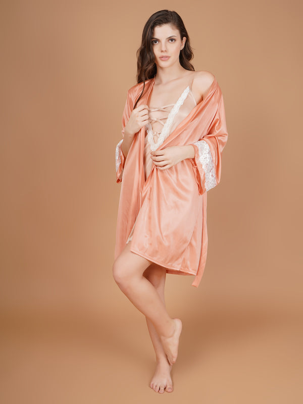 Laced sleeves Peach Satin Robe