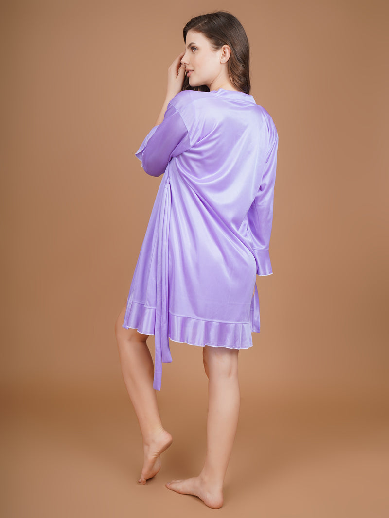 Flared Sleeves Lavender Satin Robe
