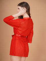 Overall Net With Satin Lace Robe-Red