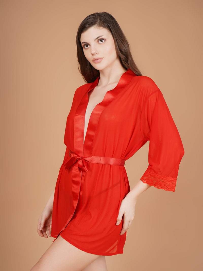 Overall Net With Satin Lace Robe-Red