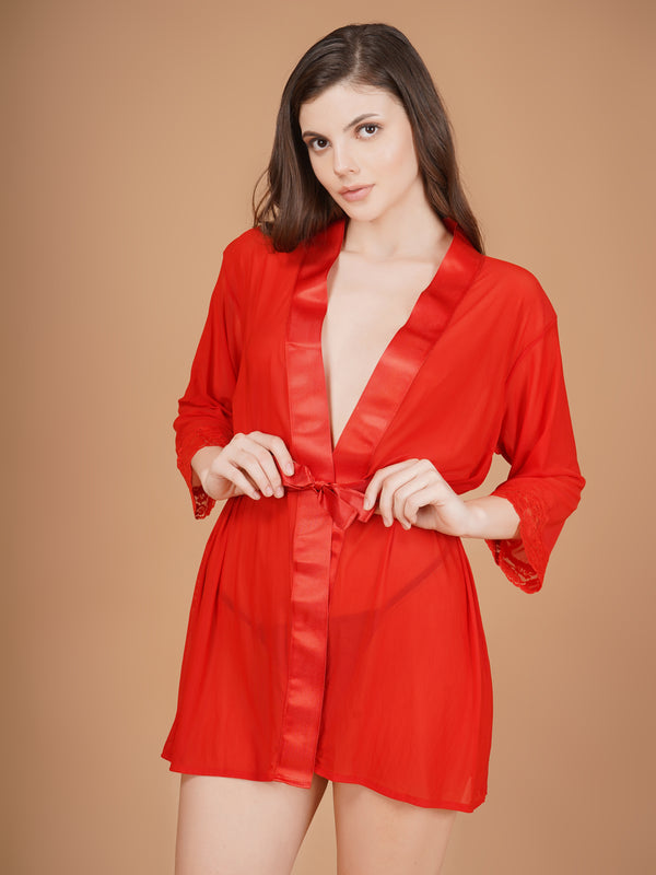 Overall Net With Satin Lace Robe-Red