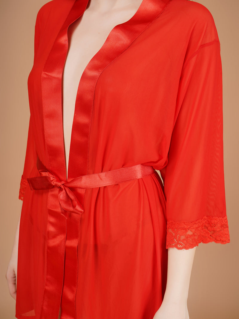 Overall Net With Satin Lace Robe-Red