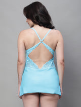 Shoulder Straps Self Design Lace Babydoll Dress - Sky Blue