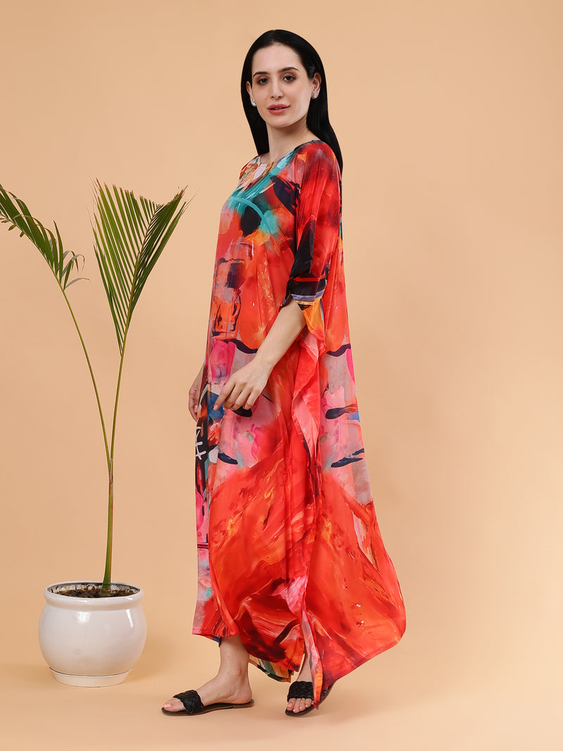 Digital Printed Feather silk Fabric Kaftan Midi Dress