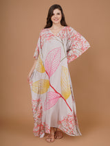 Digital Printed Feather Silk Fabric Kaftan Midi Dress