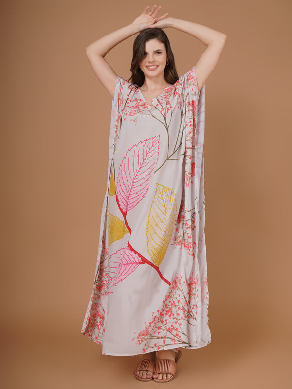 Digital Printed Feather Silk Fabric Kaftan Midi Dress