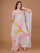 Digital Printed Feather Silk Fabric Kaftan Midi Dress