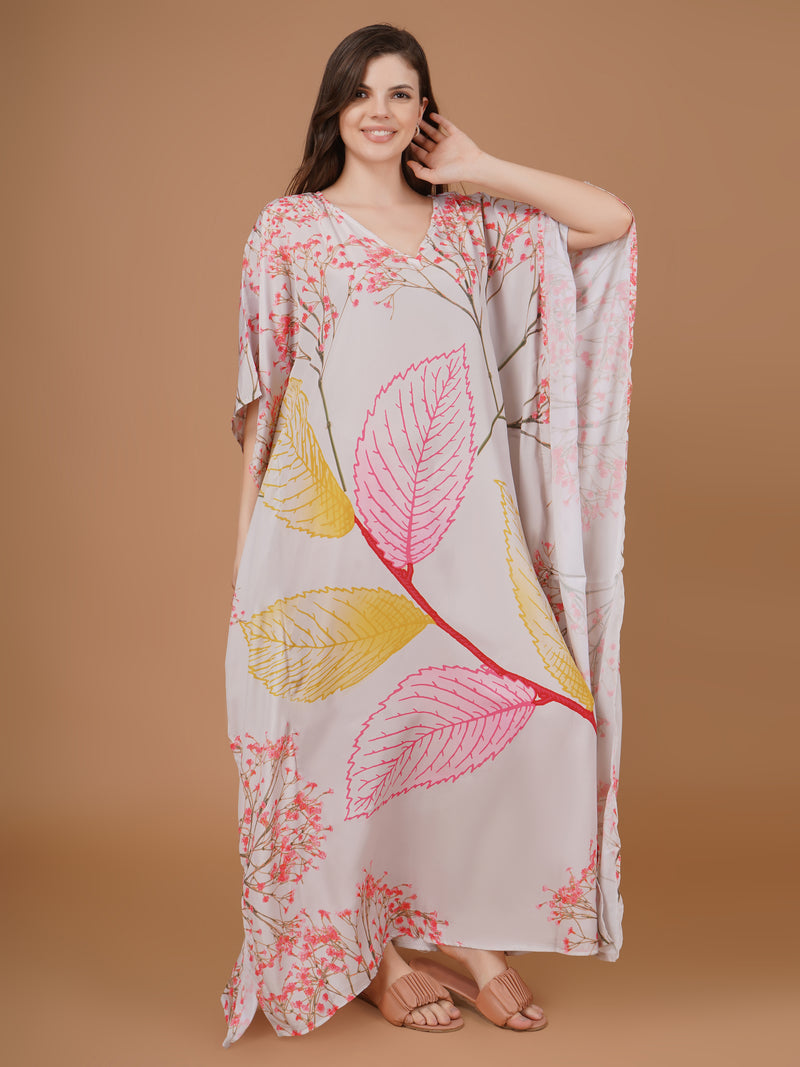 Digital Printed Feather Silk Fabric Kaftan Midi Dress