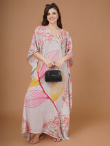 Digital Printed Feather Silk Fabric Kaftan Midi Dress