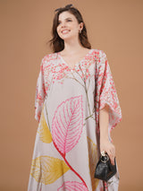 Digital Printed Feather Silk Fabric Kaftan Midi Dress