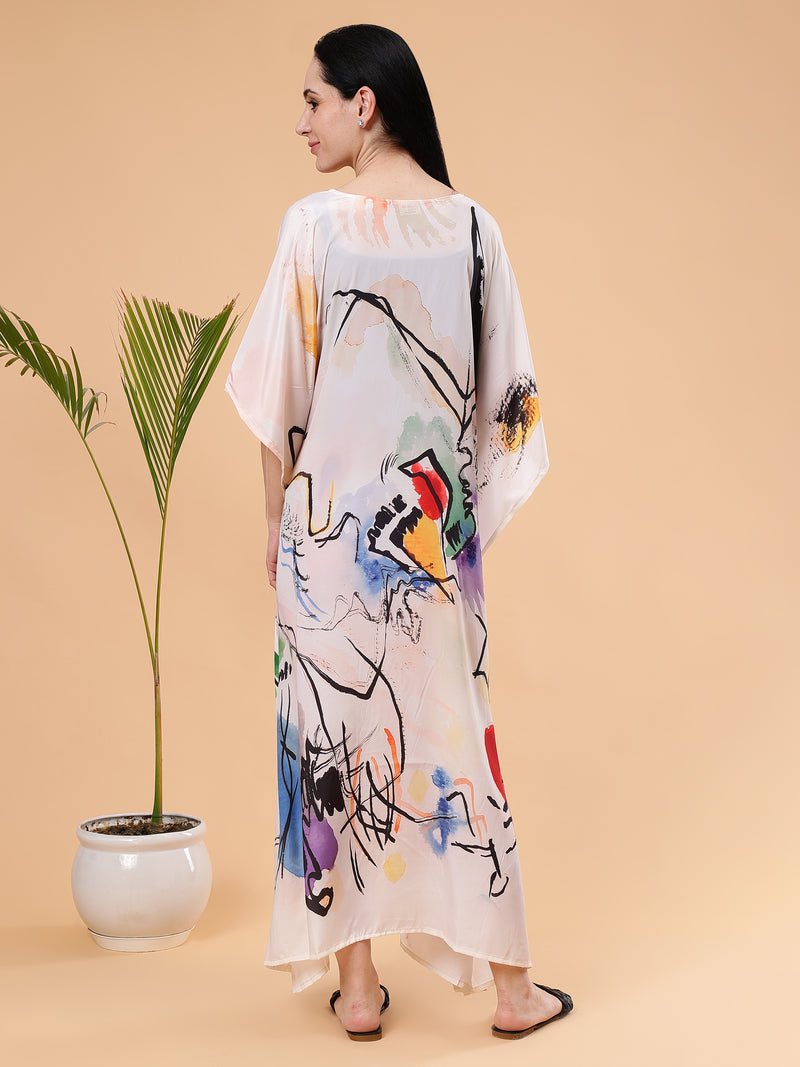 Digital Printed Feather silk Fabric Kaftan Midi Dress