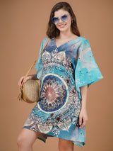 Mandala Digital Printed Feather silk Fabric Kaftan Midi Dress