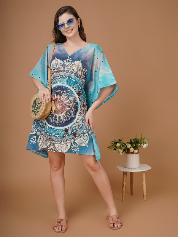 Mandala Digital Printed Feather silk Fabric Kaftan Midi Dress