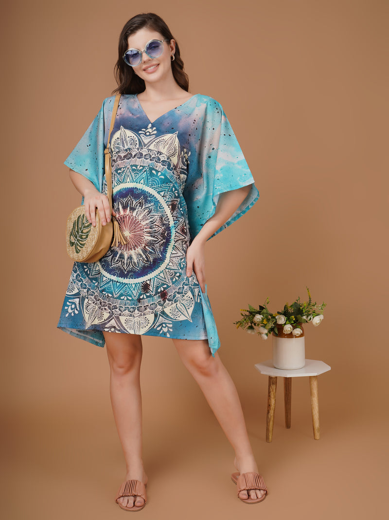 Mandala Digital Printed Feather silk Fabric Kaftan Midi Dress