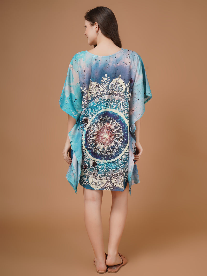 Mandala Digital Printed Feather silk Fabric Kaftan Midi Dress