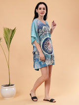 Mandala Digital Printed Feather silk Fabric Kaftan Midi Dress