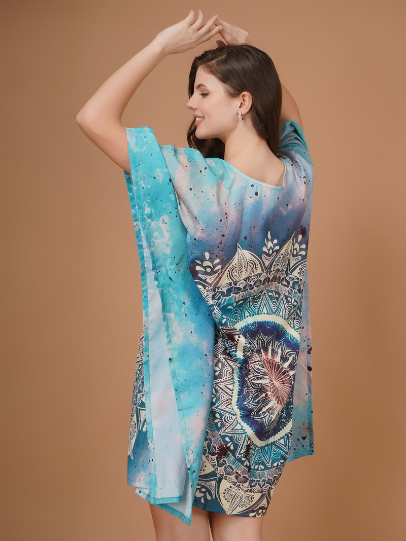 Mandala Digital Printed Feather silk Fabric Kaftan Midi Dress