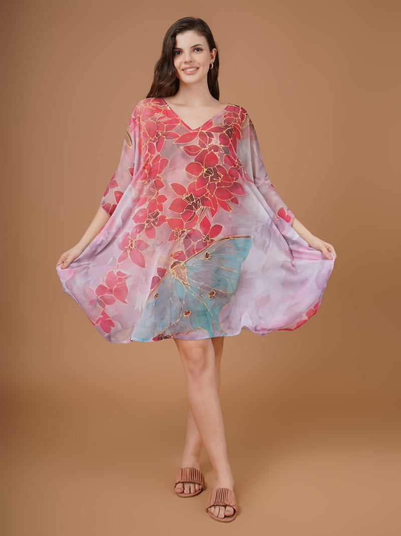 Floral Digital Printed Feather Georgette Fabric Kaftan Midi Dress