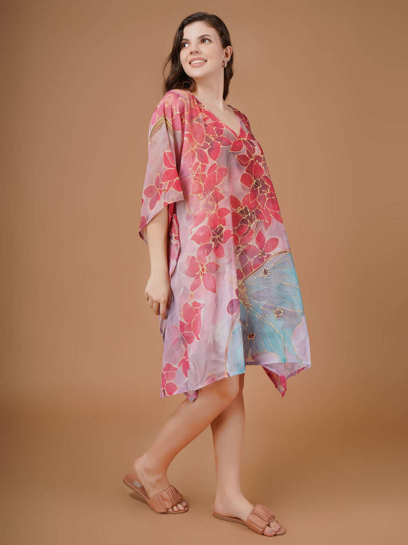 Floral Digital Printed Feather Georgette Fabric Kaftan Midi Dress