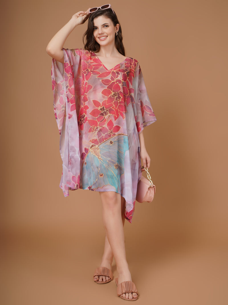 Floral Digital Printed Feather Georgette Fabric Kaftan Midi Dress