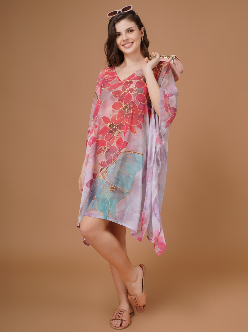 Floral Digital Printed Feather Georgette Fabric Kaftan Midi Dress