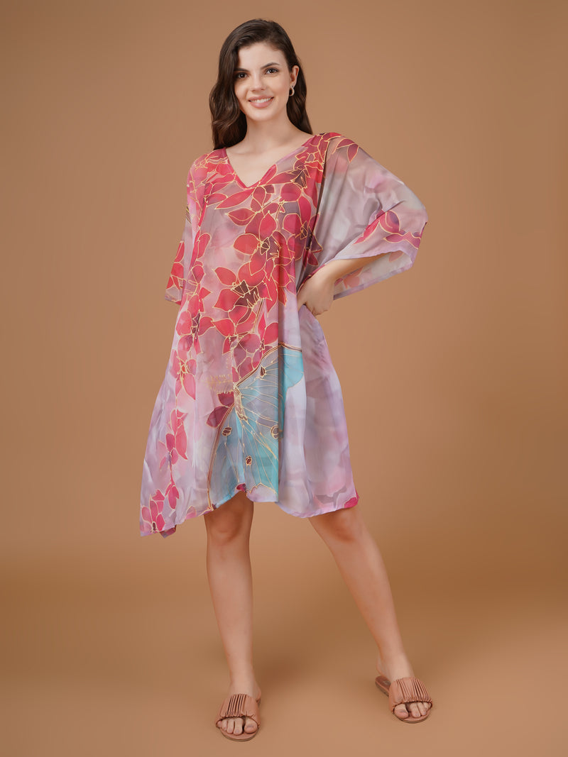 Floral Digital Printed Feather Georgette Fabric Kaftan Midi Dress