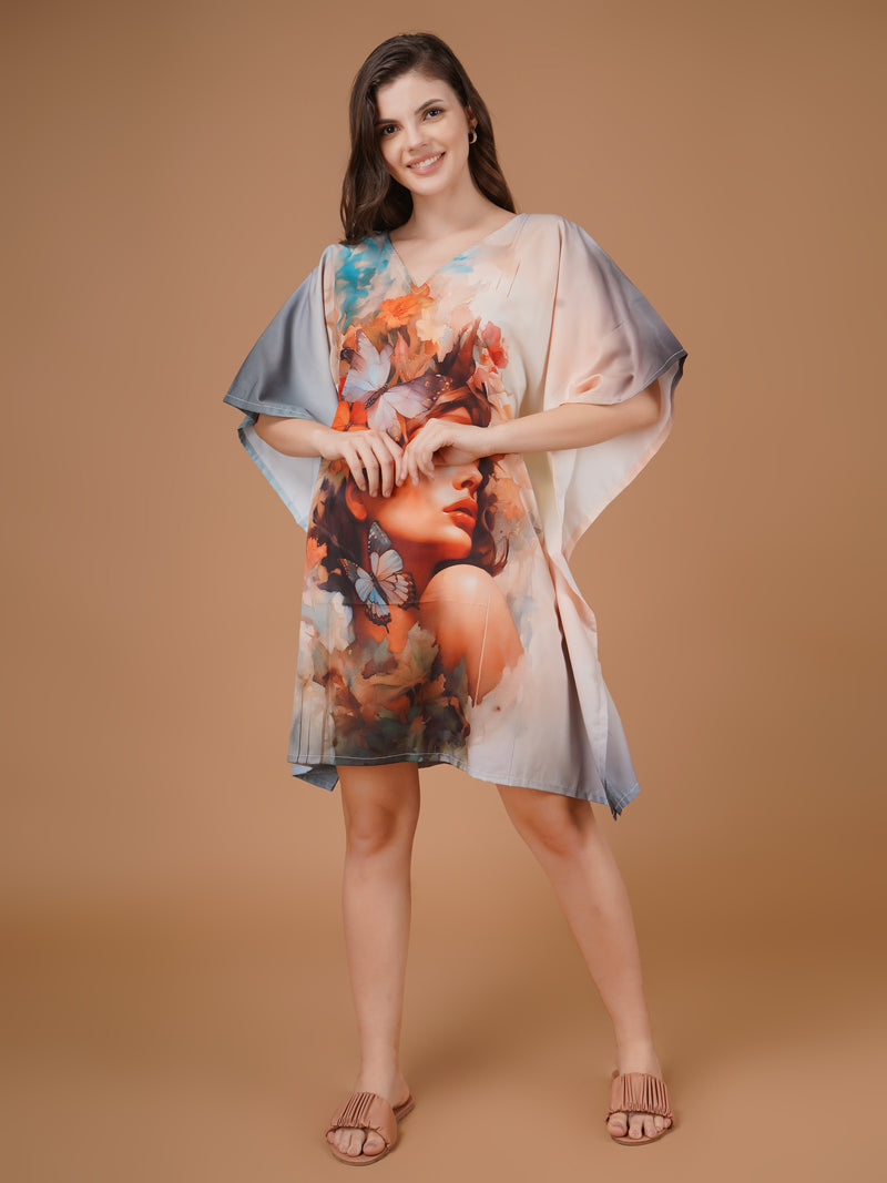 Feminity Digital Printed Feather silk Fabric Kaftan Midi Dress